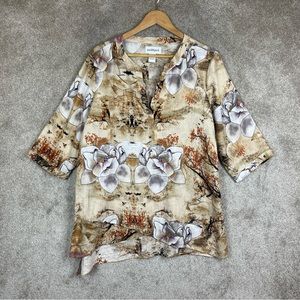 Peck & Peck Tunic Womens Large Beige Floral Linen 3/4 Sleeve Pullover- 8668